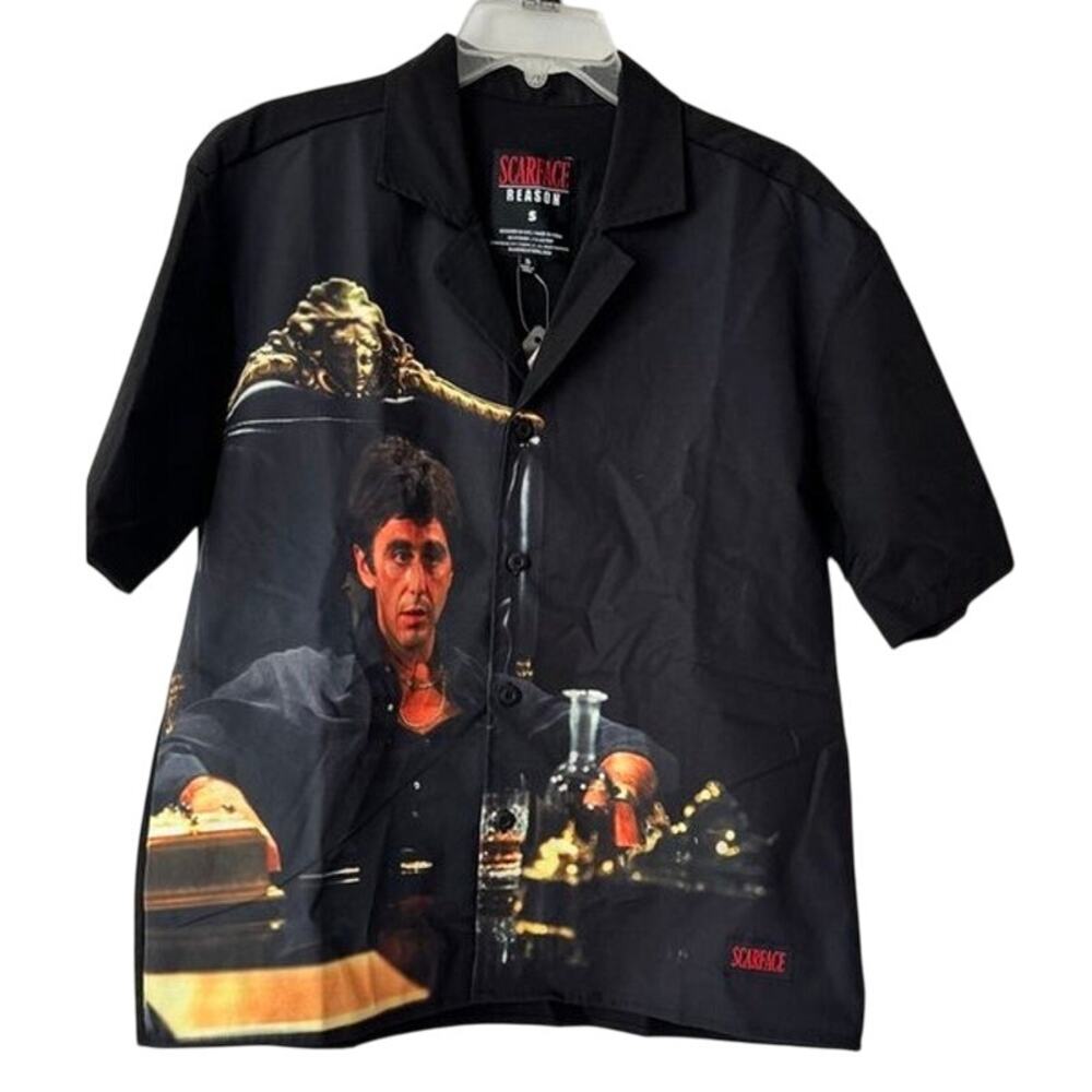 Scarface x Reason Tony Montana Graphic Button-Up Shirt Black Sz Small NWT